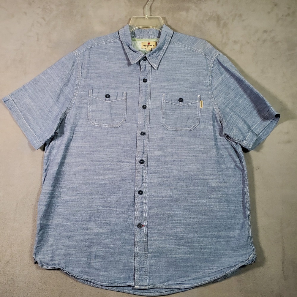 Woolrich Shirt Mens XL Blue Chambray Button Short Sleeve Cotton Casual Outdoor